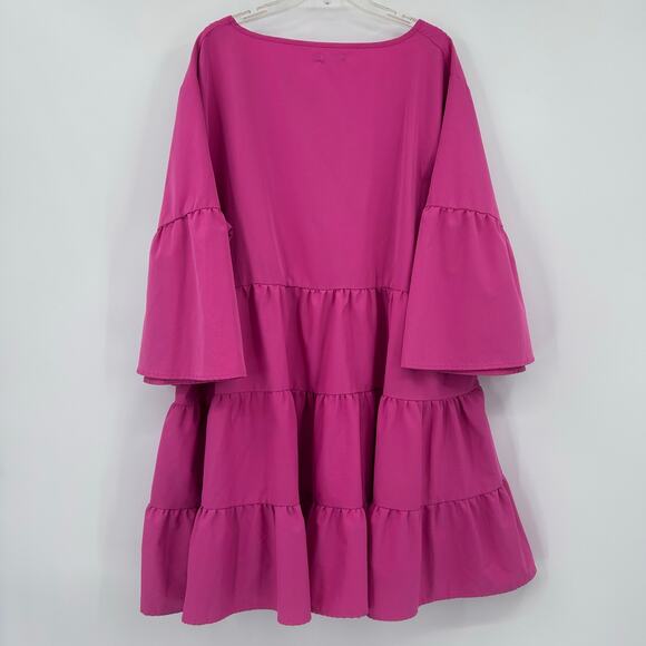 Boohoo Fuchsia Pink Tiered Babydoll Tiered Ruffled V Neck Dress Womens Size 20 - Picture 8 of 10